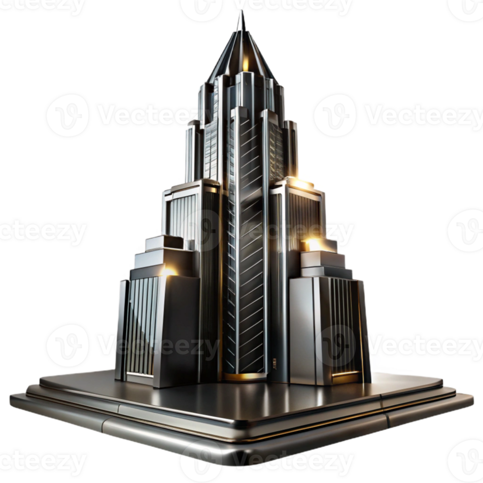 dramatic creative Art Deco skyscraper, chrome and black glass, dramatic uplighting, volumetric lighting, highly polished surfaces, intricate geometric patterns, raining, reflections on wet... png