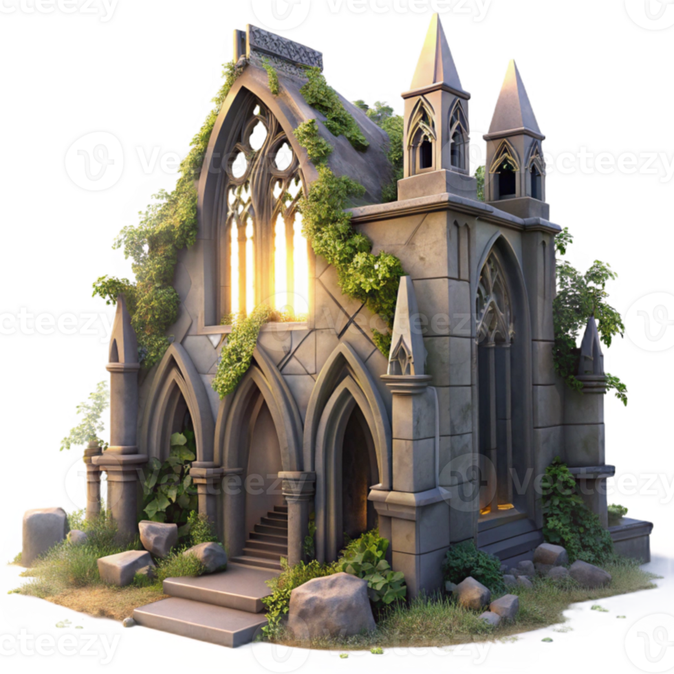 wonderful minimalist A crumbling gothic cathedral overgrown with vines, sunset lighting, volumetric fog, hyperrealistic, detailed stonework, stained glass fragments on the ground exclusive png