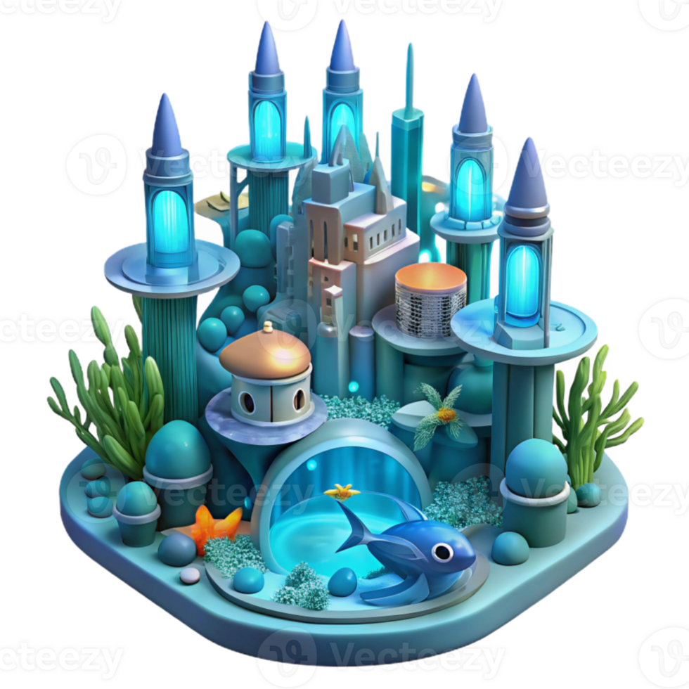 extraordinary contemporary A futuristic underwater city, bioluminescent coral structures, deep ocean lighting, ethereal, dreamlike, schools of fish swimming through the structures 4K png