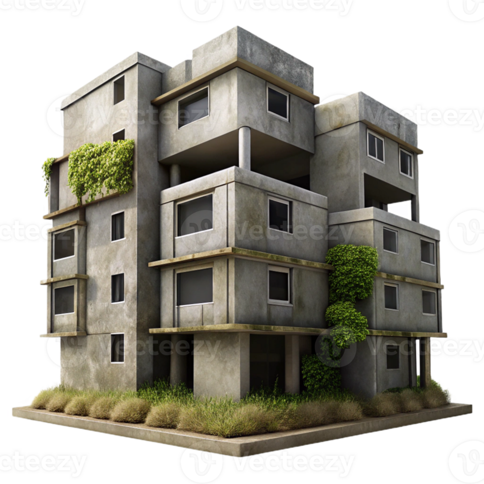 elegant creative A Brutalist concrete apartment complex, overcast sky, harsh shadows, gritty, photorealistic, weeds growing in cracks, graffiti on the walls high resolution png