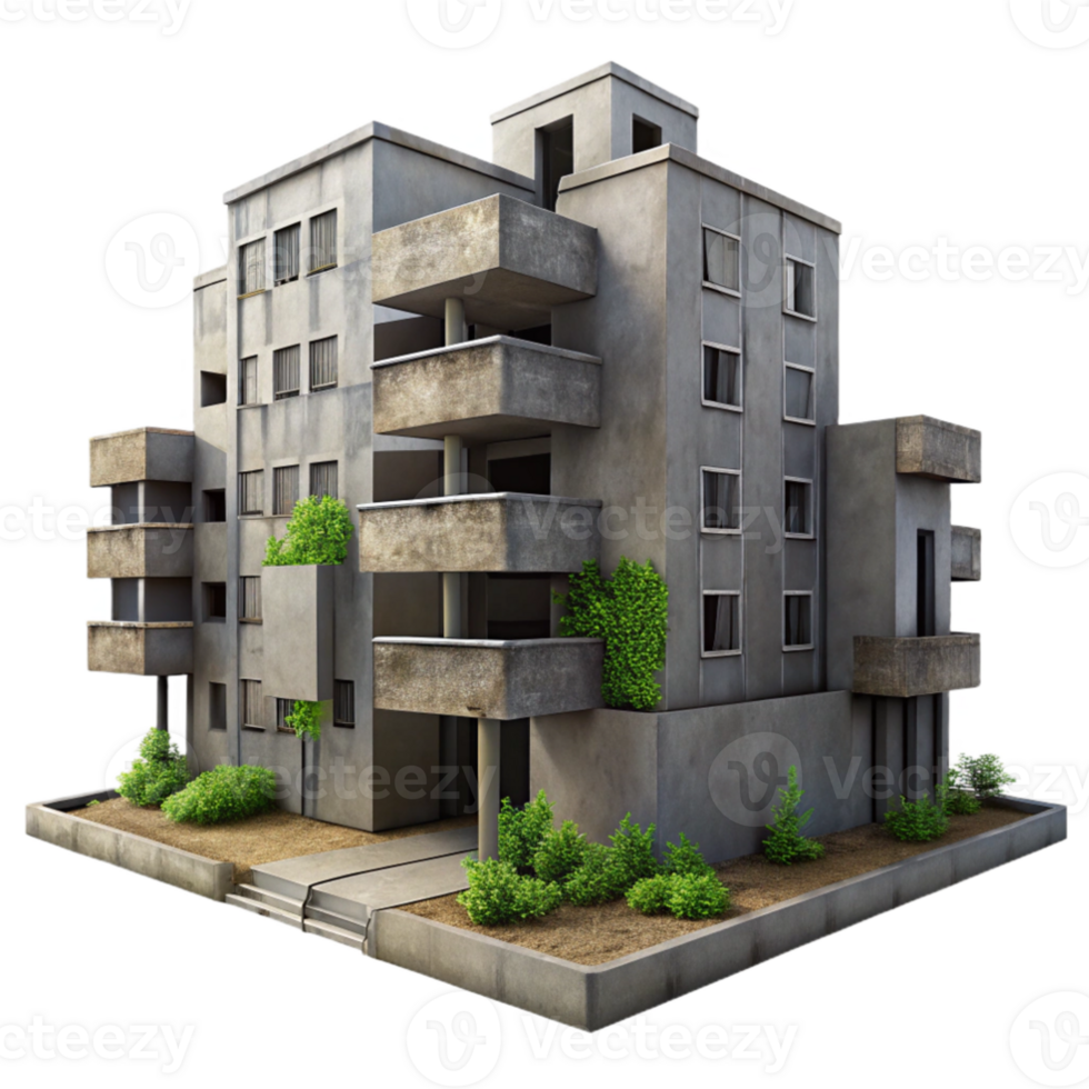 serene minimalist A Brutalist concrete apartment complex, overcast sky, harsh shadows, gritty, photorealistic, weeds growing in cracks, graffiti on the walls genuine png