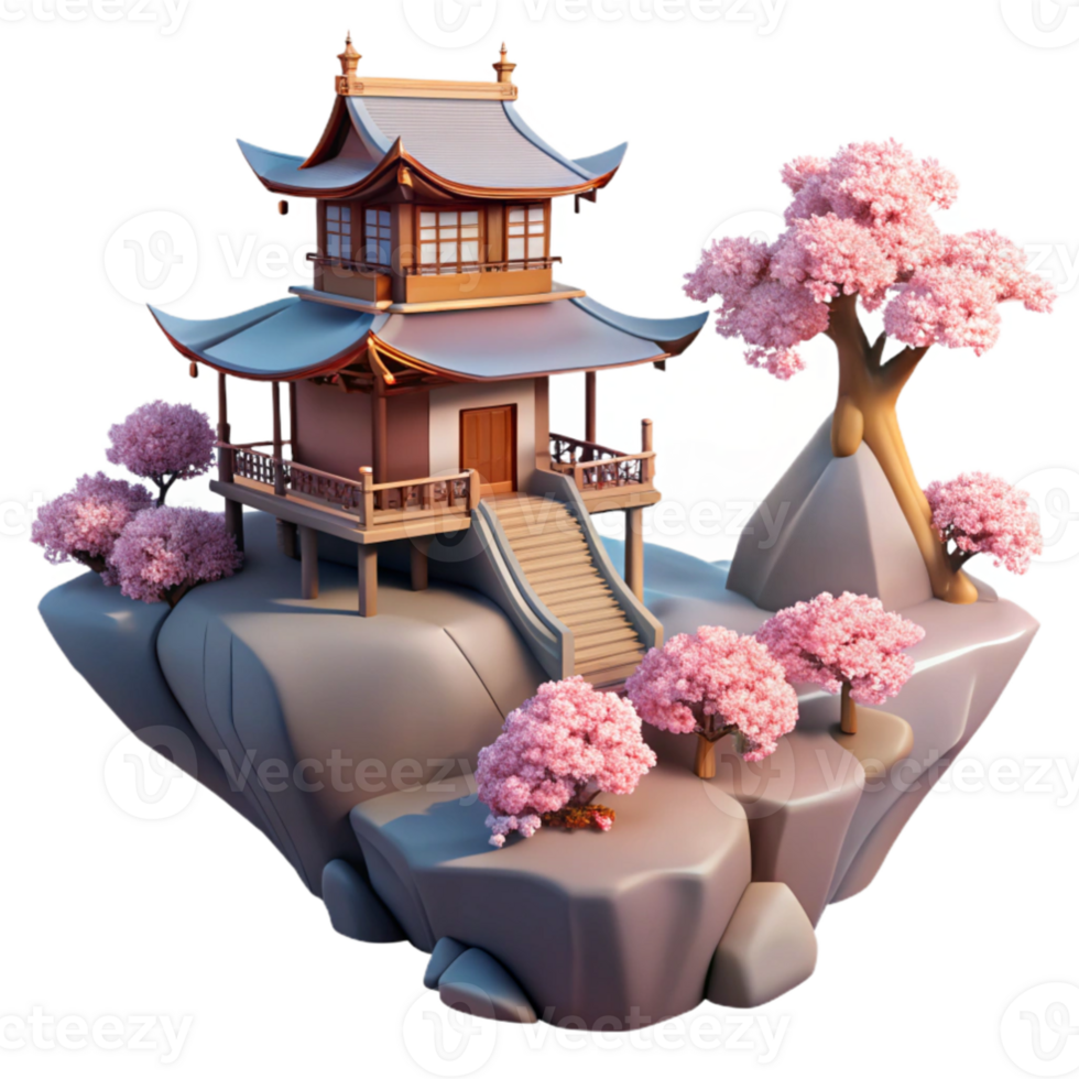 vibrant rustic A Japanese teahouse perched on a cliff edge, cherry blossoms in bloom, soft morning light, serene, minimalist, traditional Japanese architecture professional png