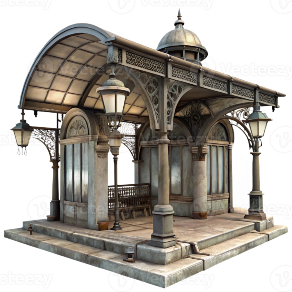 impressive vintage An abandoned Art Nouveau metro station, dim gaslight, decaying elegance, ornate ironwork, dust motes in the air, faded posters on the walls 4K png