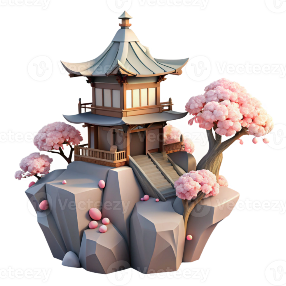 beautiful rustic A Japanese teahouse perched on a cliff edge, cherry blossoms in bloom, soft morning light, serene, minimalist, traditional Japanese architecture 4K png