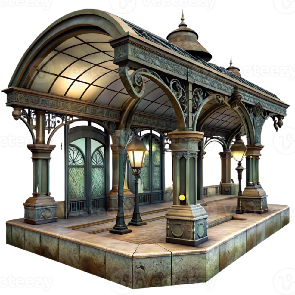 dramatic traditional An abandoned Art Nouveau metro station, dim gaslight, decaying elegance, ornate ironwork, dust motes in the air, faded posters on the walls original png