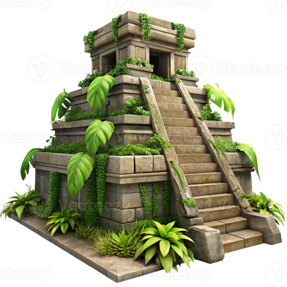 elegant modern A Mayan pyramid temple overgrown with jungle foliage, dappled sunlight, ancient, weathered stone, intricate carvings, vines hanging from the structure authentic png