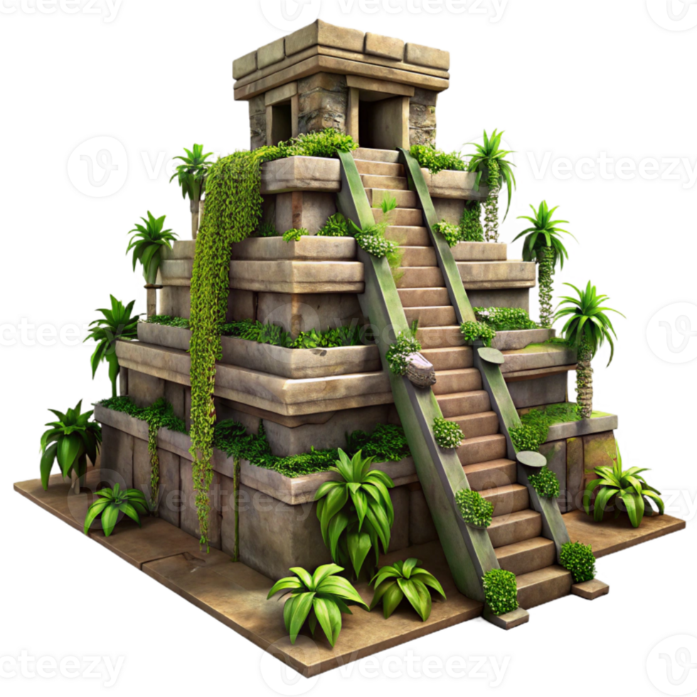 stunning creative A Mayan pyramid temple overgrown with jungle foliage, dappled sunlight, ancient, weathered stone, intricate carvings, vines hanging from the structure original png