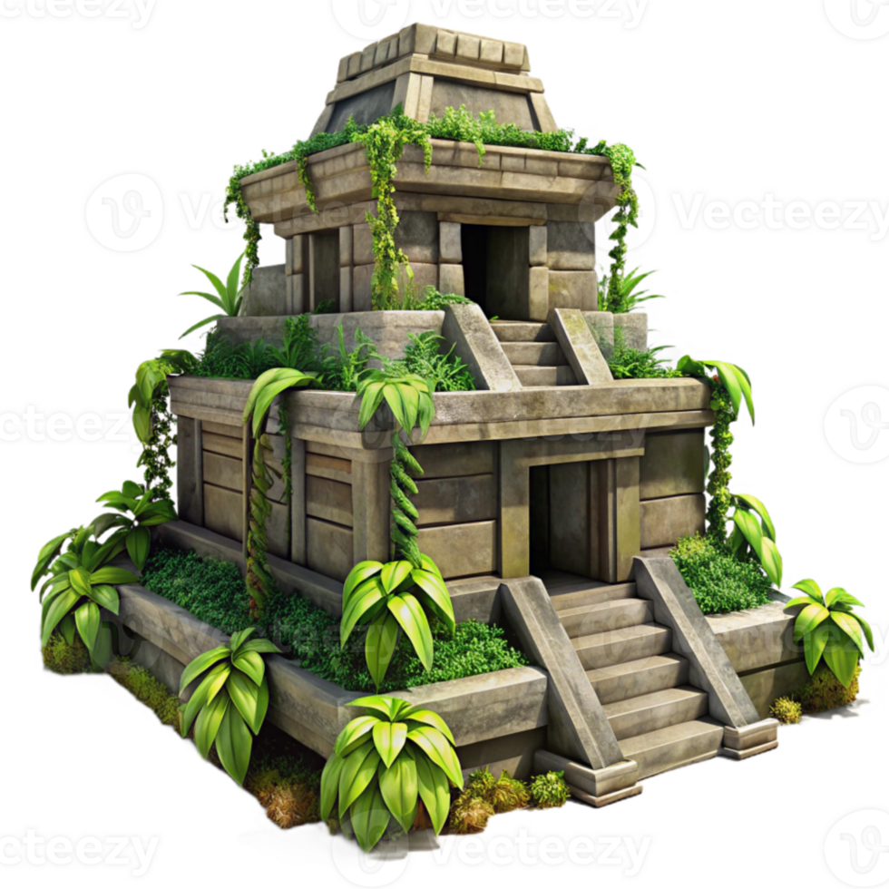 stunning abstract A Mayan pyramid temple overgrown with jungle foliage, dappled sunlight, ancient, weathered stone, intricate carvings, vines hanging from the structure high resolution png
