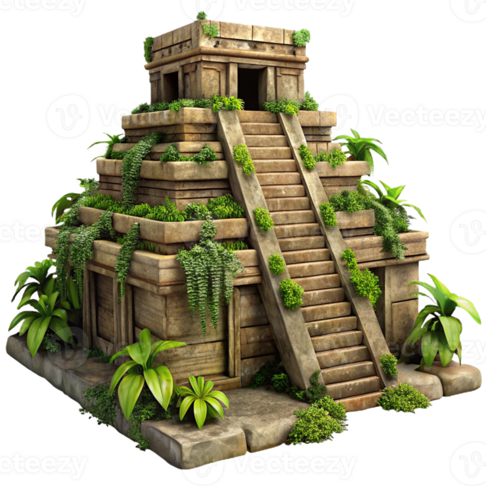 elegant classic A Mayan pyramid temple overgrown with jungle foliage, dappled sunlight, ancient, weathered stone, intricate carvings, vines hanging from the structure original png