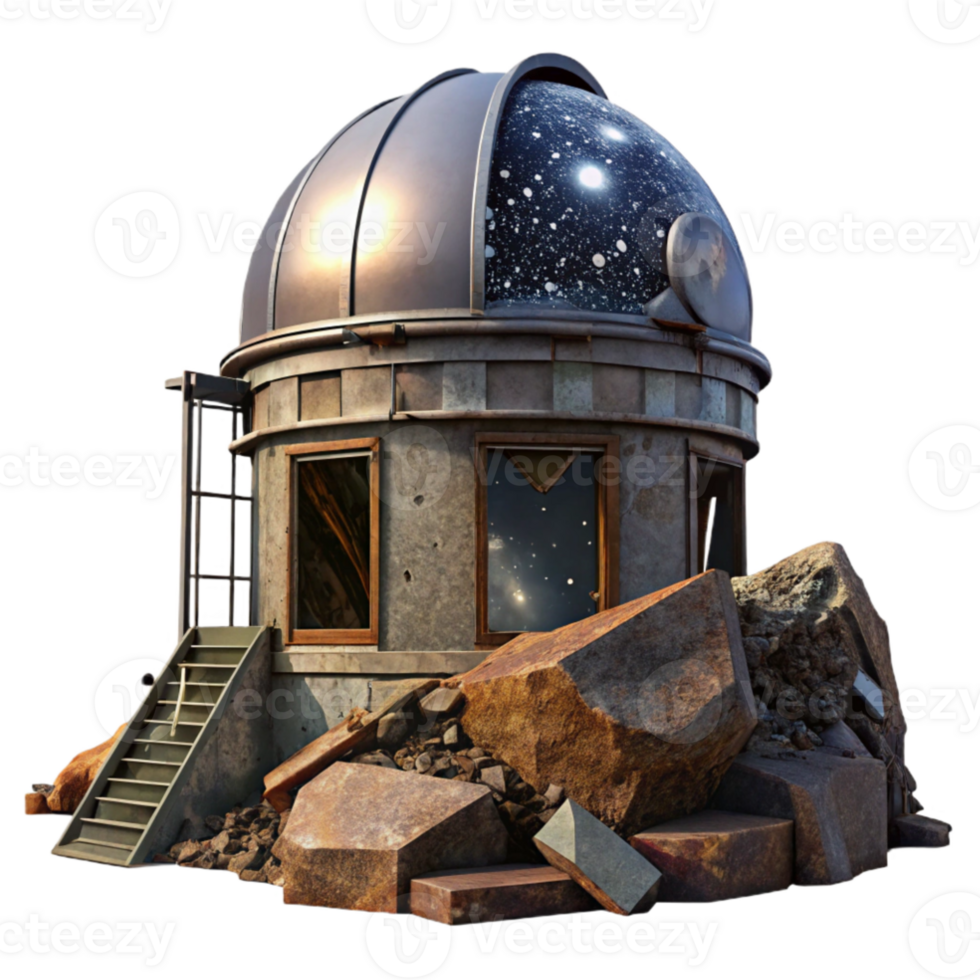 magnificent minimalist An abandoned observatory on a mountaintop, starry night sky, ethereal, mysterious, rusted metal, broken glass dome exclusive png