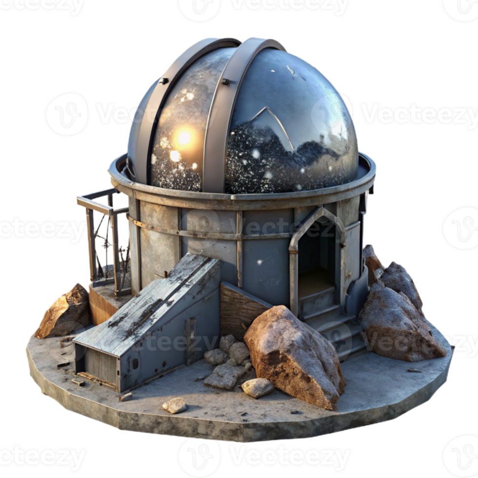 extraordinary classic An abandoned observatory on a mountaintop, starry night sky, ethereal, mysterious, rusted metal, broken glass dome 4K png