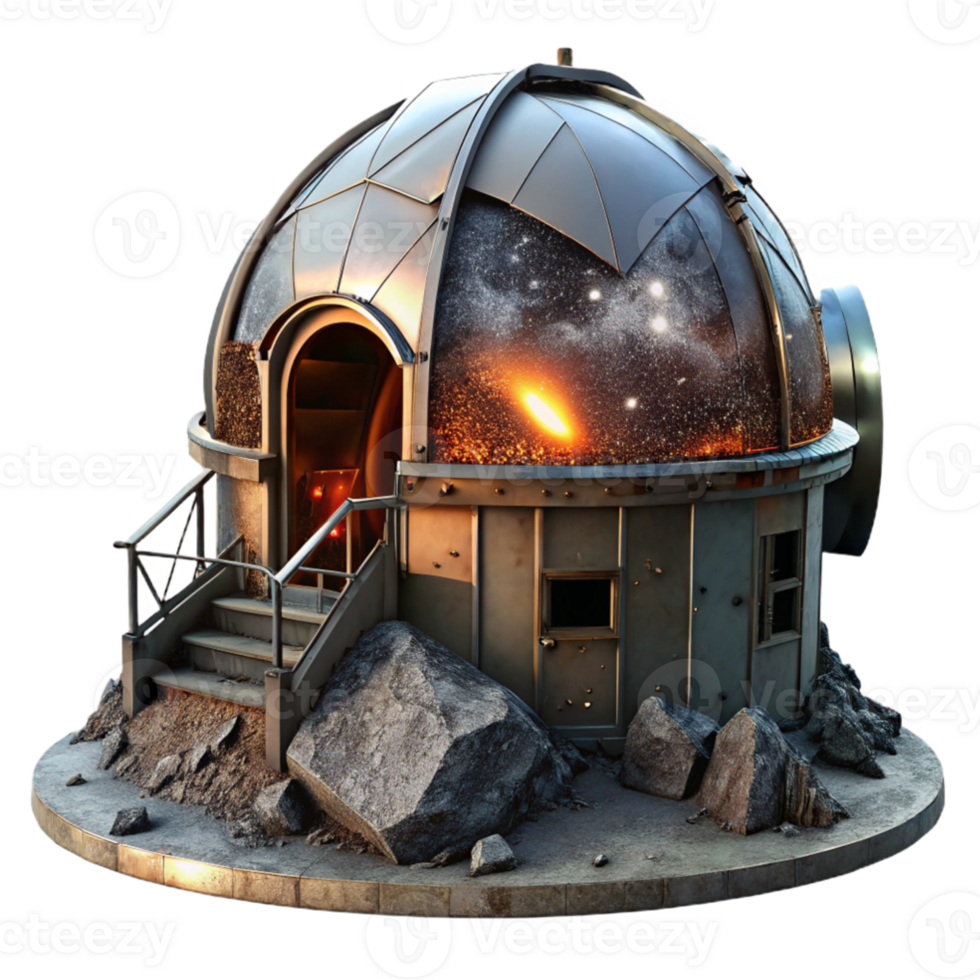 wonderful artistic An abandoned observatory on a mountaintop, starry night sky, ethereal, mysterious, rusted metal, broken glass dome premium png