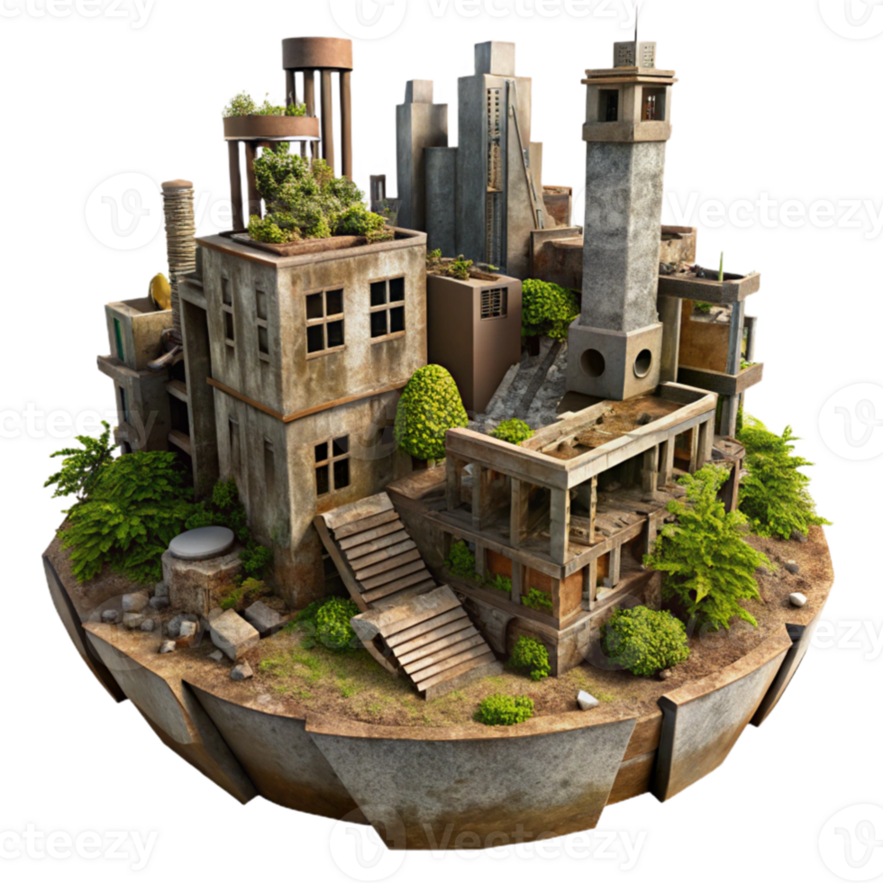 elegant vintage A post apocalyptic city in ruins, overgrown with vegetation, overcast sky, desolate, crumbling buildings, rusted metal high quality png