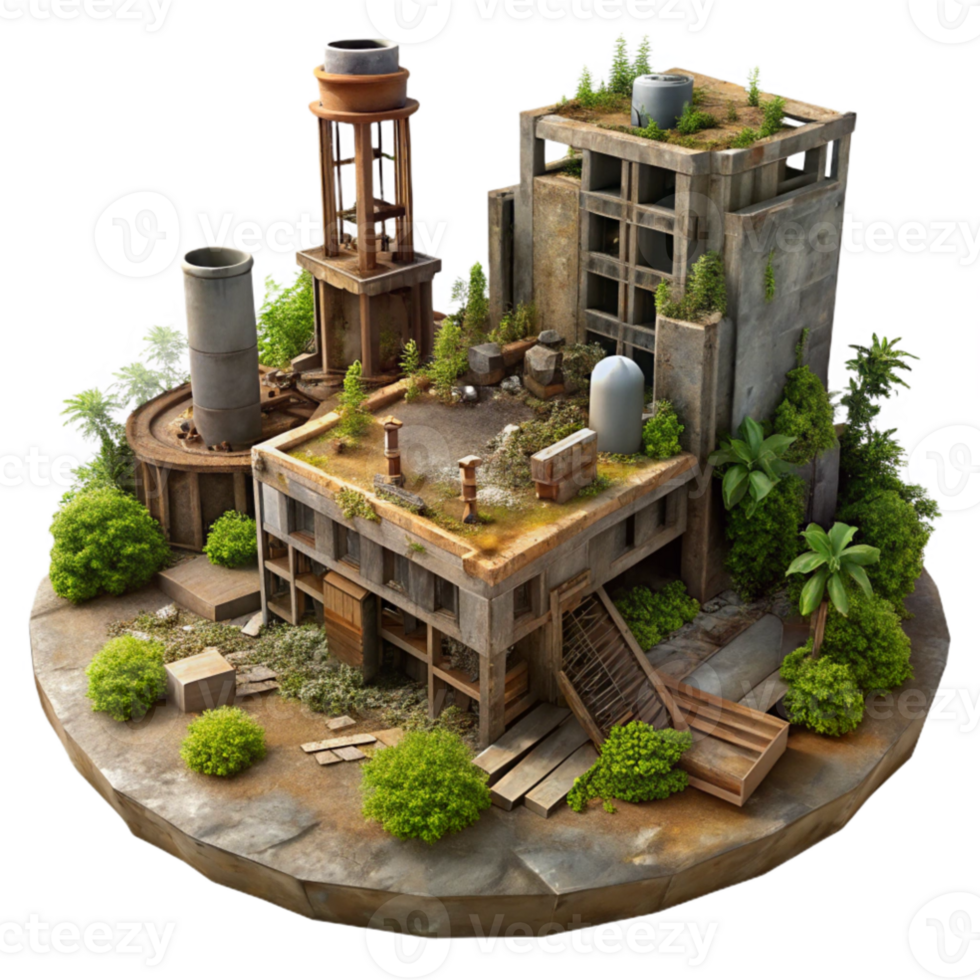 magnificent classic A post apocalyptic city in ruins, overgrown with vegetation, overcast sky, desolate, crumbling buildings, rusted metal original png