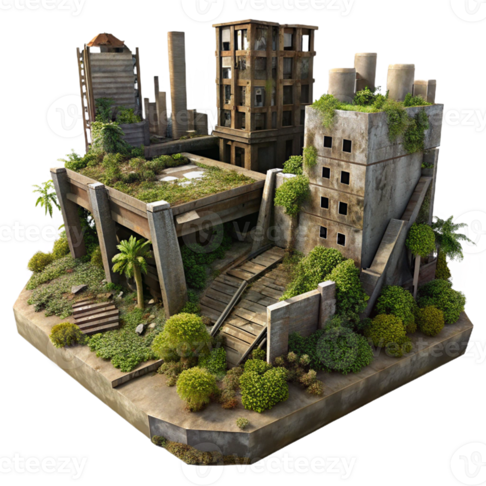 wonderful traditional A post apocalyptic city in ruins, overgrown with vegetation, overcast sky, desolate, crumbling buildings, rusted metal high resolution png