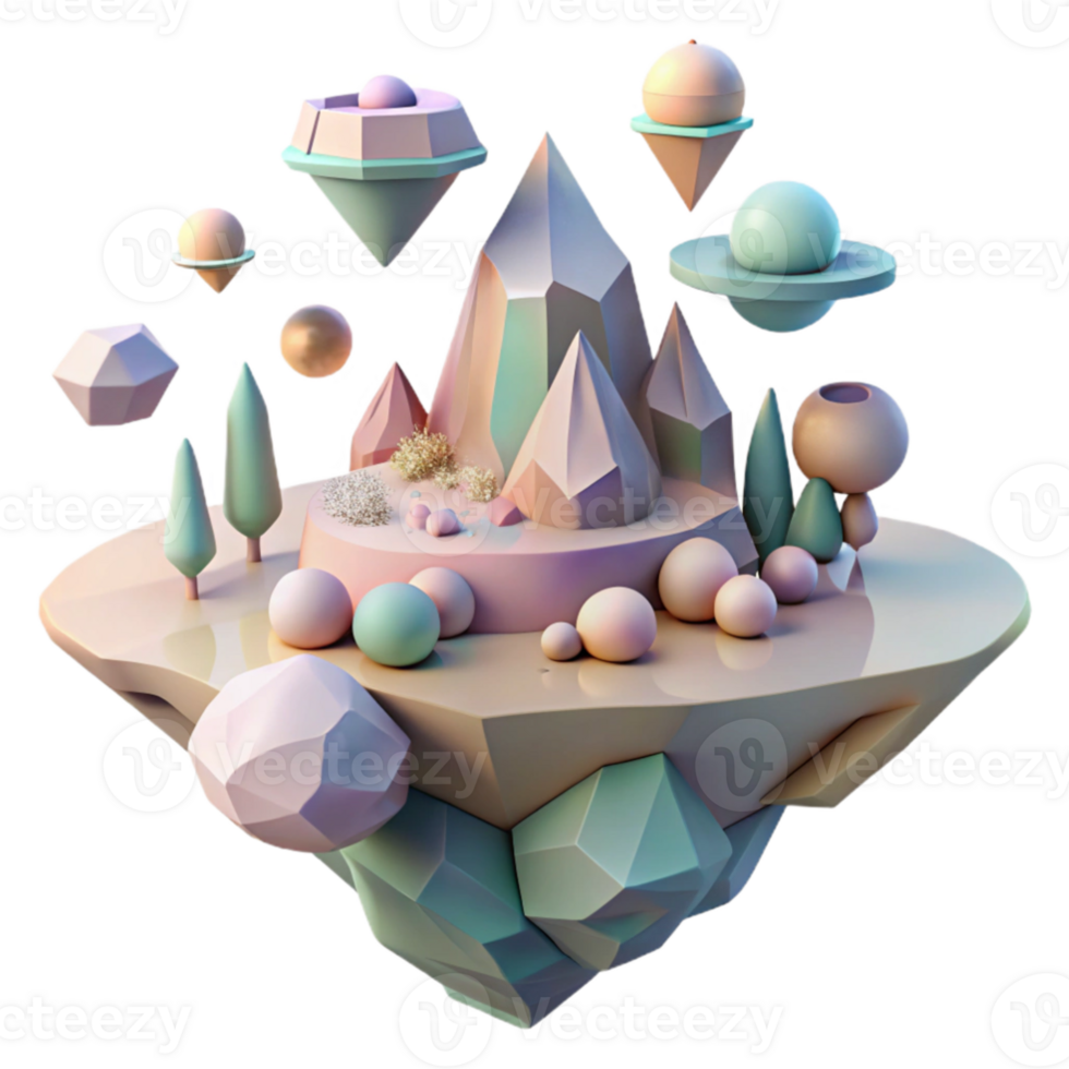dramatic classic A surreal landscape of floating islands and impossible geometries, in muted, pastel colors, illuminated by a soft, dreamlike light 4K png