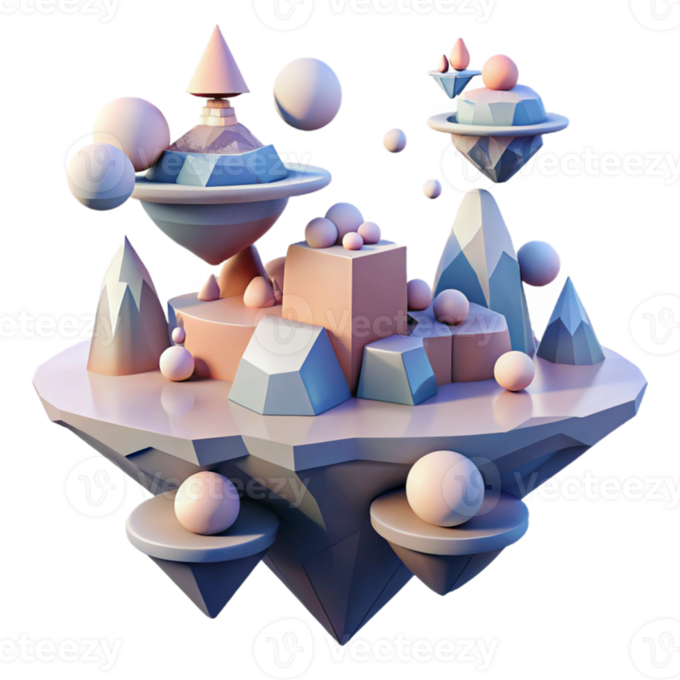 vibrant artistic A surreal landscape of floating islands and impossible geometries, in muted, pastel colors, illuminated by a soft, dreamlike light professional png
