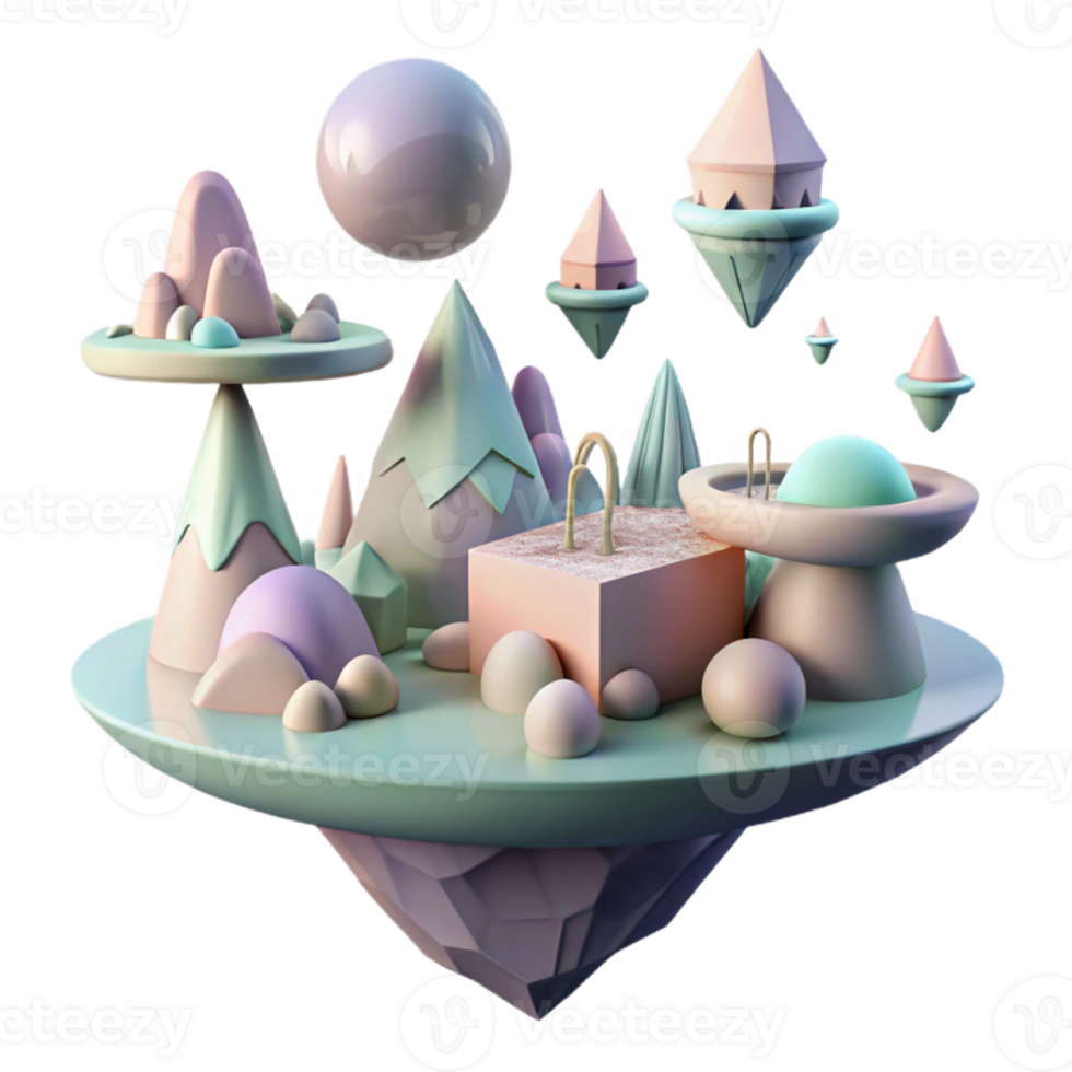 beautiful traditional A surreal landscape of floating islands and impossible geometries, in muted, pastel colors, illuminated by a soft, dreamlike light professional png
