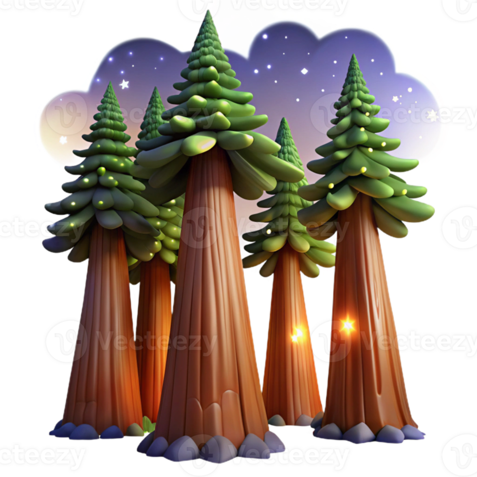 impressive traditional Giant sequoia trees reaching into a star filled night sky, illuminated by the soft glow of fireflies, in a dreamlike, painterly style authentic png