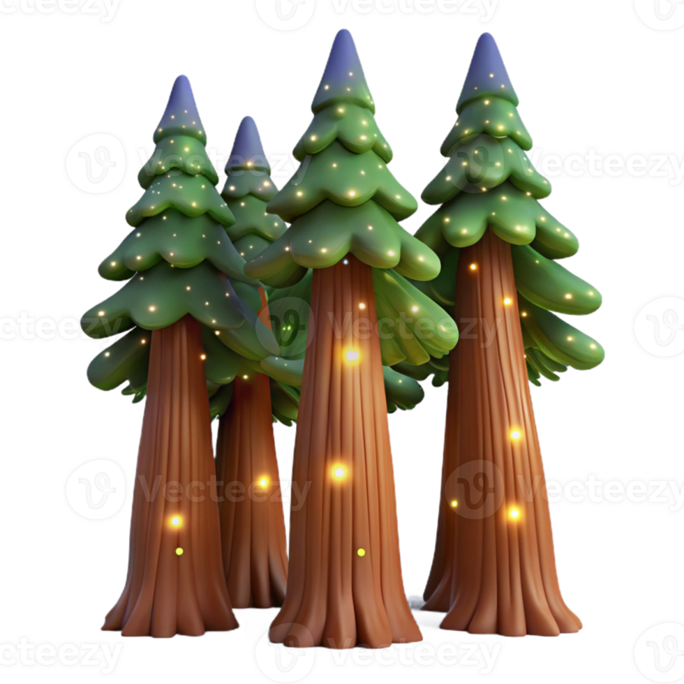wonderful traditional Giant sequoia trees reaching into a star filled night sky, illuminated by the soft glow of fireflies, in a dreamlike, painterly style original png