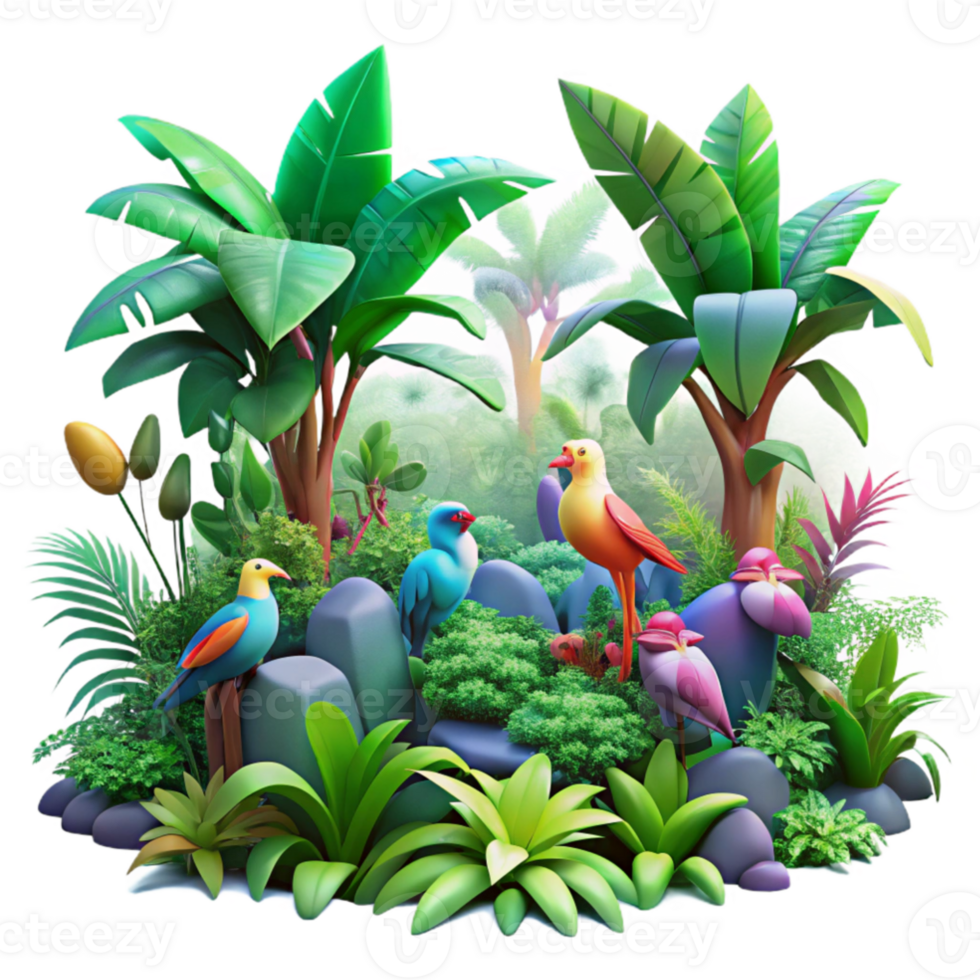 vibrant artistic A lush, vibrant jungle teeming with colorful exotic birds and bioluminescent flora, viewed through a hazy morning mist, in the style of a classical botanical illustration high quality png