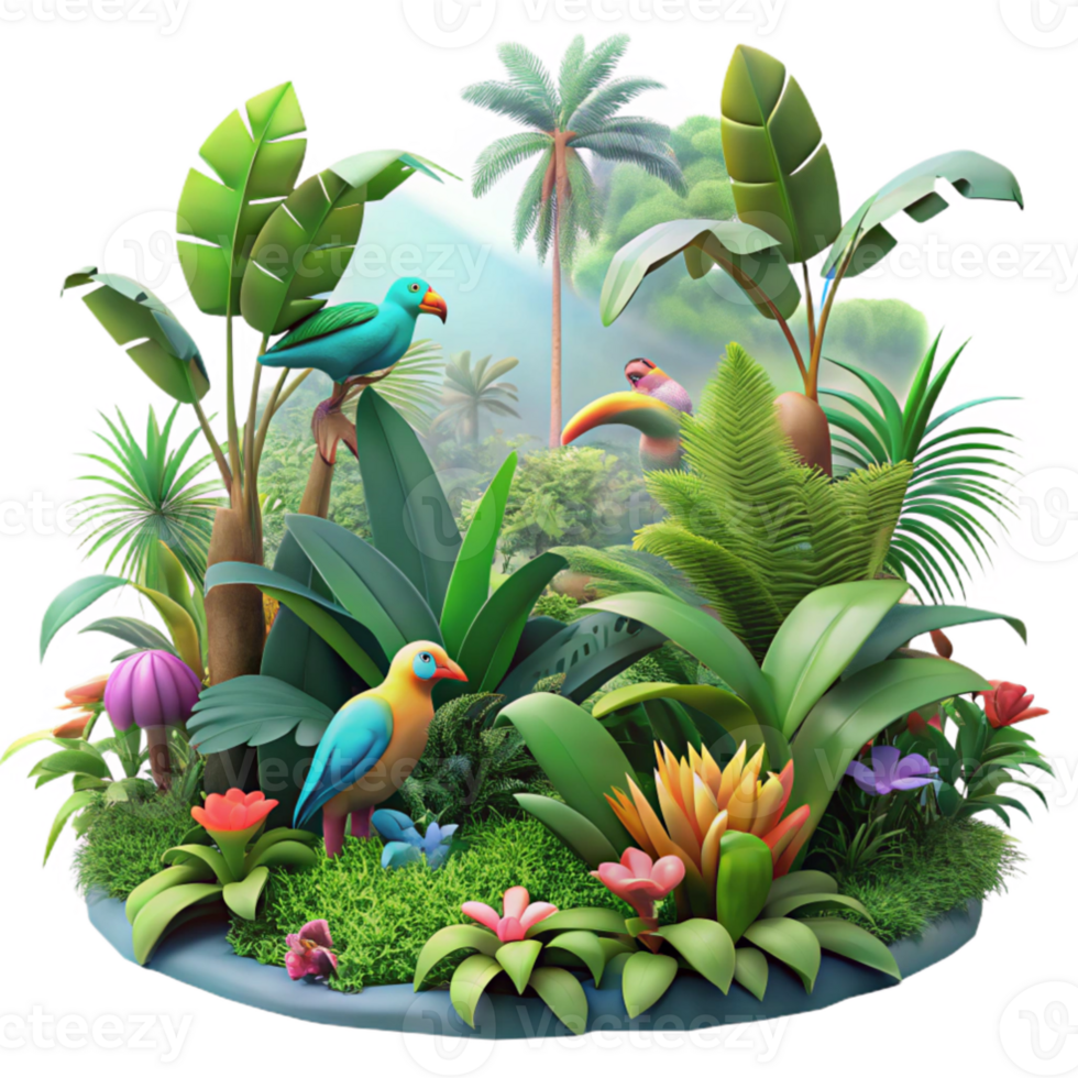 vibrant contemporary A lush, vibrant jungle teeming with colorful exotic birds and bioluminescent flora, viewed through a hazy morning mist, in the style of a classical botanical illustration genuine png