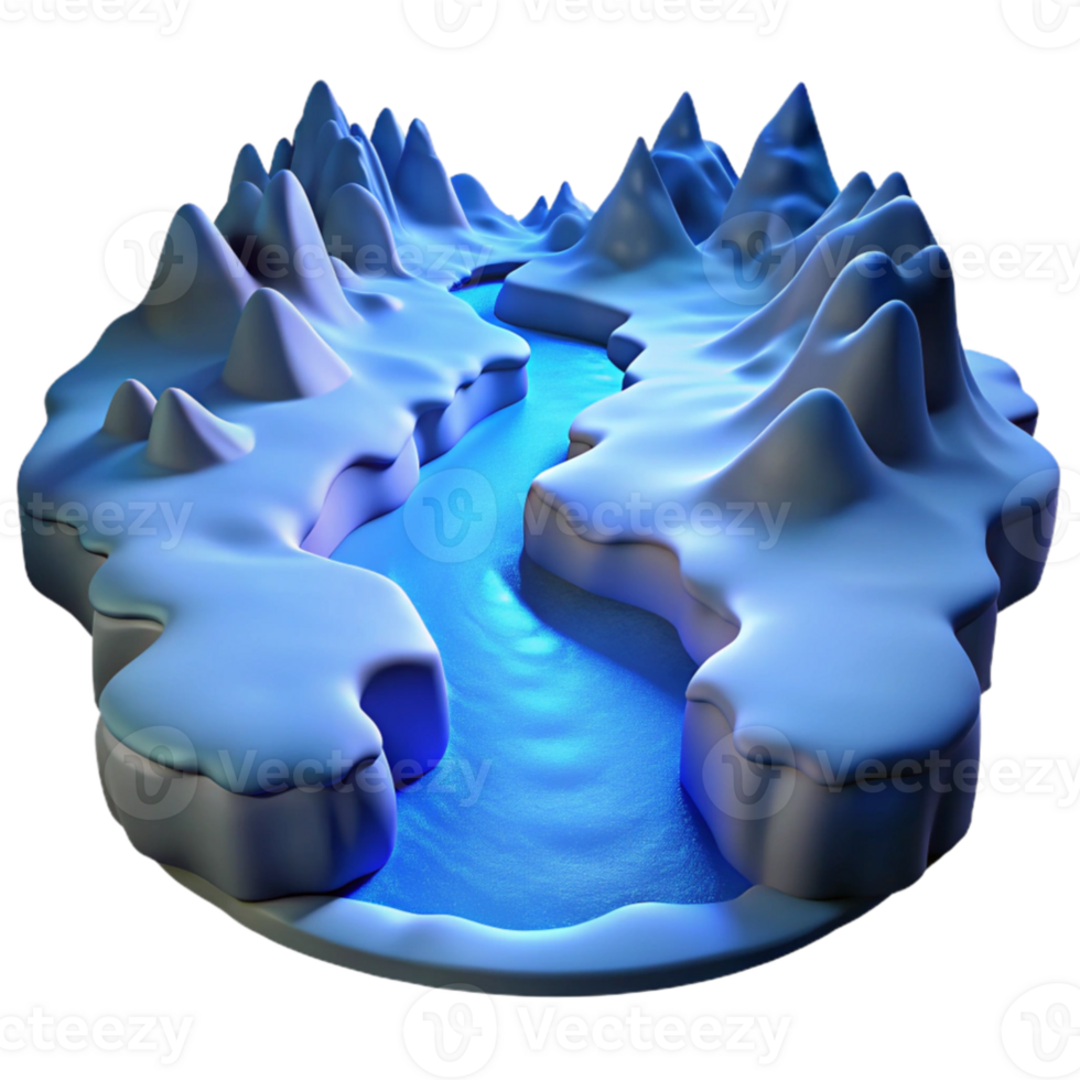 dramatic modern A winding river carving through a snow covered canyon, lit by the cold, blue light of a winter moon. Photorealistic high resolution png