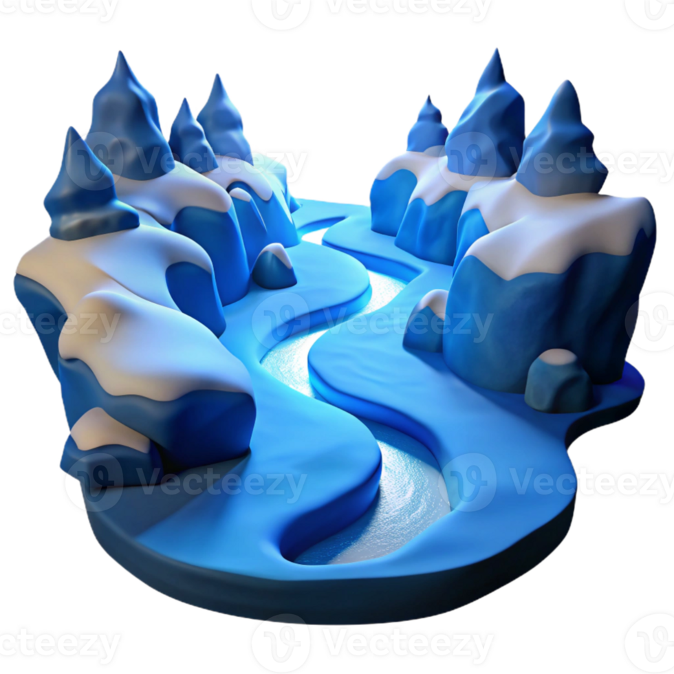 serene artistic A winding river carving through a snow covered canyon, lit by the cold, blue light of a winter moon. Photorealistic premium png