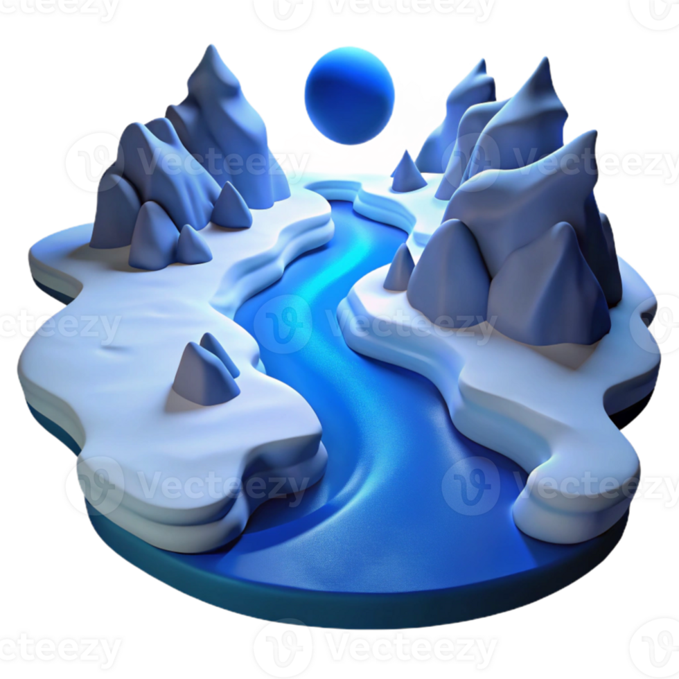 wonderful classic A winding river carving through a snow covered canyon, lit by the cold, blue light of a winter moon. Photorealistic detailed png