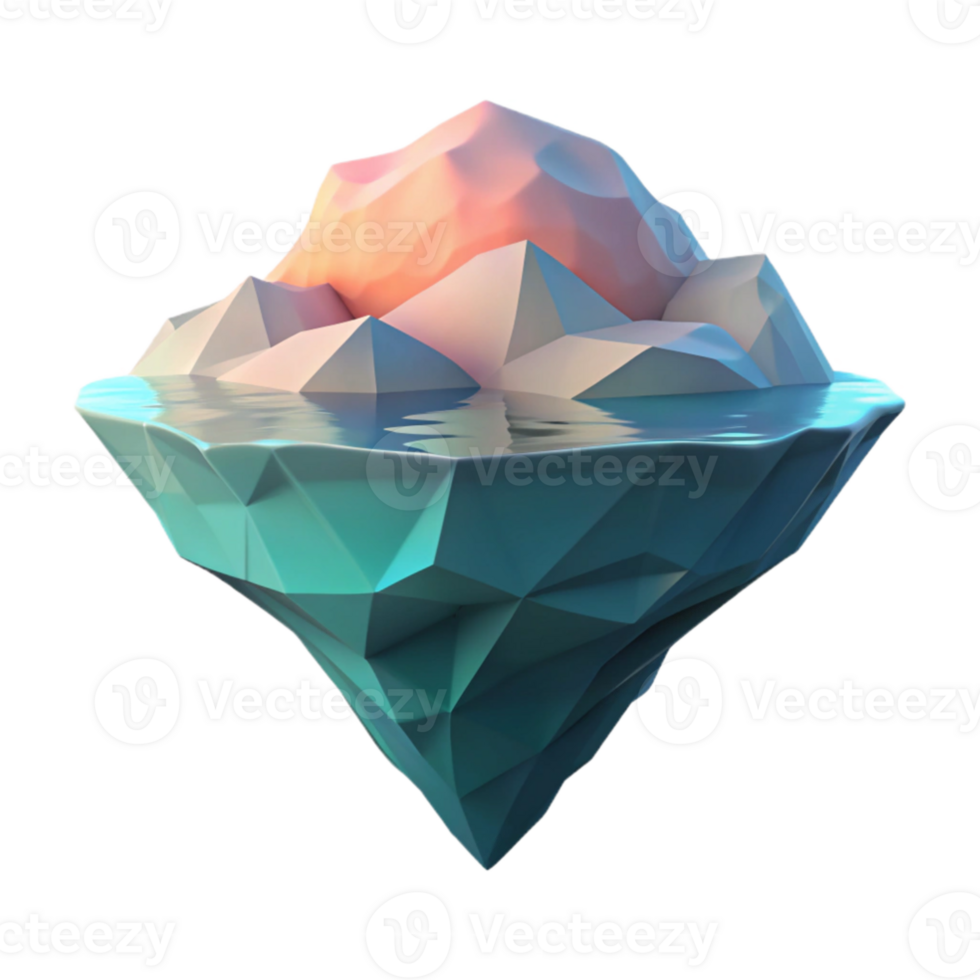 serene traditional A lone iceberg floating in a calm, turquoise sea, reflecting a pastel sunset sky, in a minimalist, geometric style high quality png