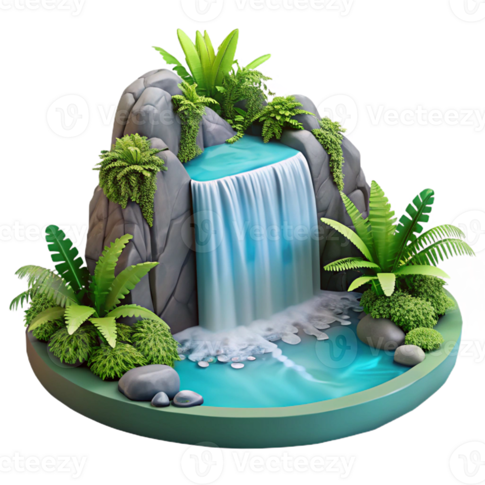 beautiful rustic A cascading waterfall plunging into a crystal clear pool, surrounded by lush ferns, in a hyperrealistic, detailed style high resolution png