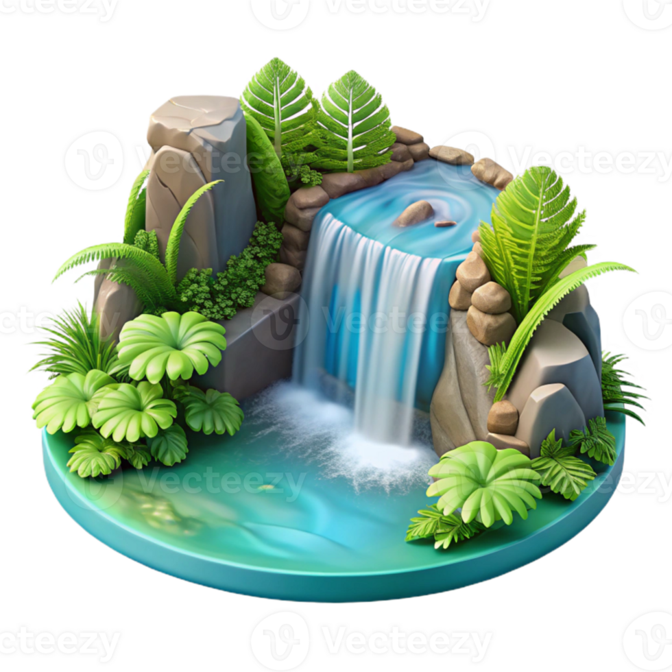 dramatic rustic A cascading waterfall plunging into a crystal clear pool, surrounded by lush ferns, in a hyperrealistic, detailed style premium png