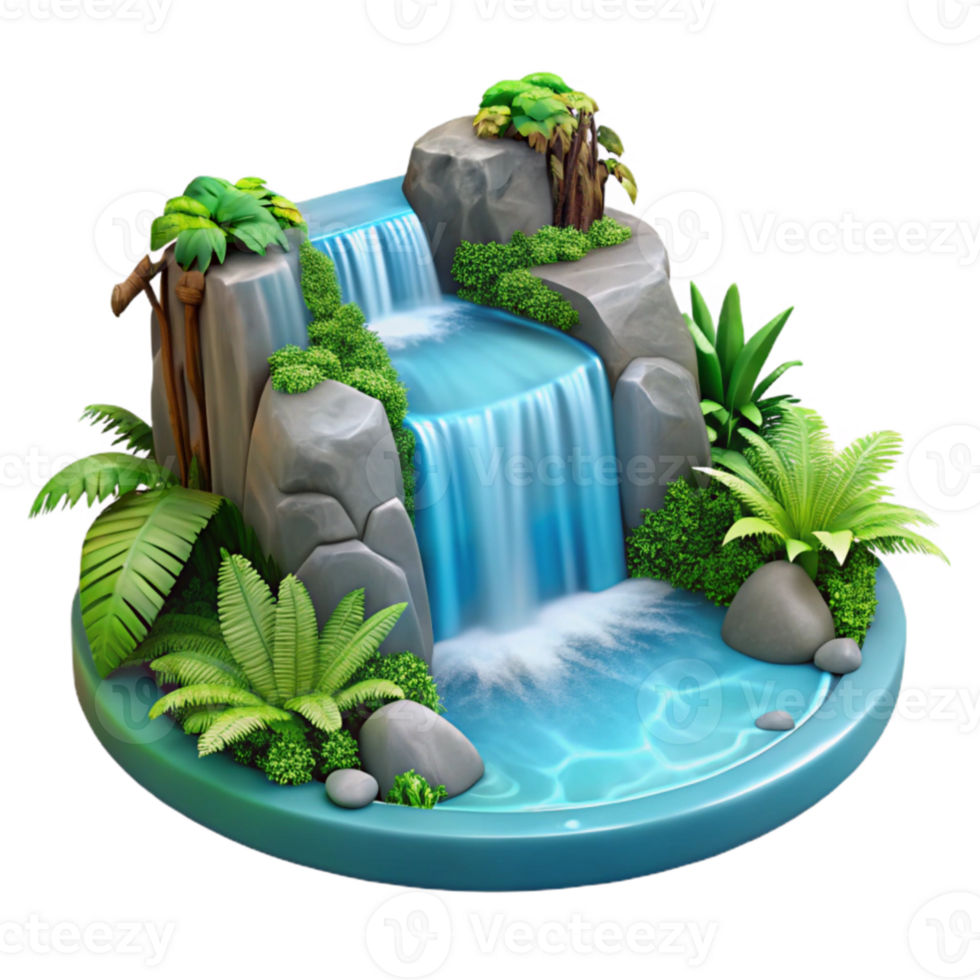 vibrant traditional A cascading waterfall plunging into a crystal clear pool, surrounded by lush ferns, in a hyperrealistic, detailed style high quality png