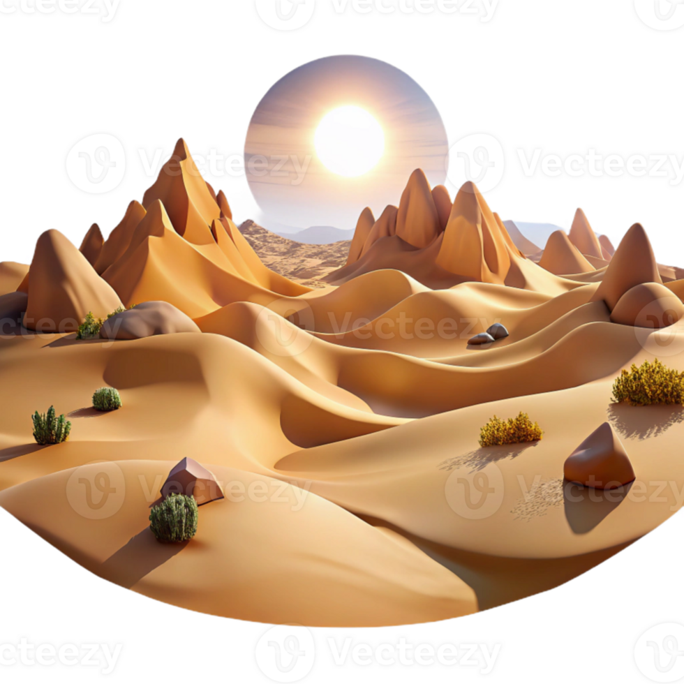 serene modern A panoramic view of a vast desert landscape under a scorching midday sun, with rolling sand dunes and distant mesas, in a cinematic style authentic png