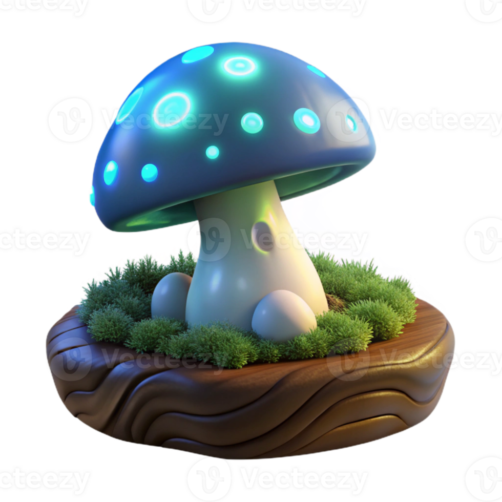 impressive vintage A glowing mushroom growing on a moss covered log in a dark forest, illuminated by bioluminescence, fantasy art style exclusive png