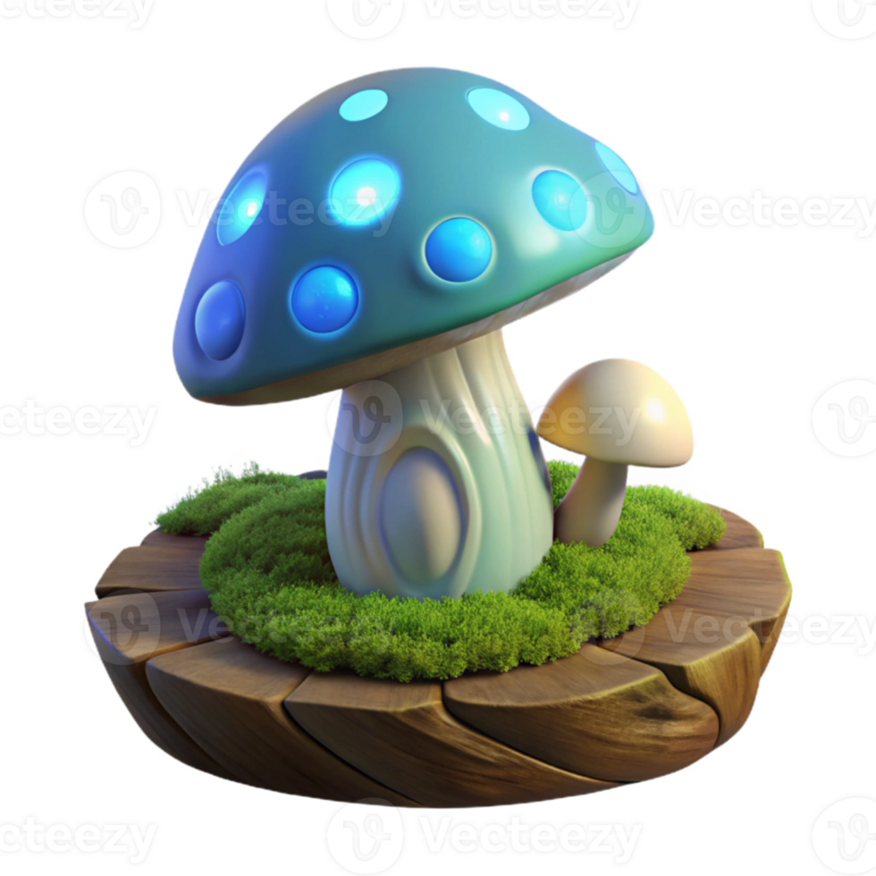 magnificent artistic A glowing mushroom growing on a moss covered log in a dark forest, illuminated by bioluminescence, fantasy art style detailed png