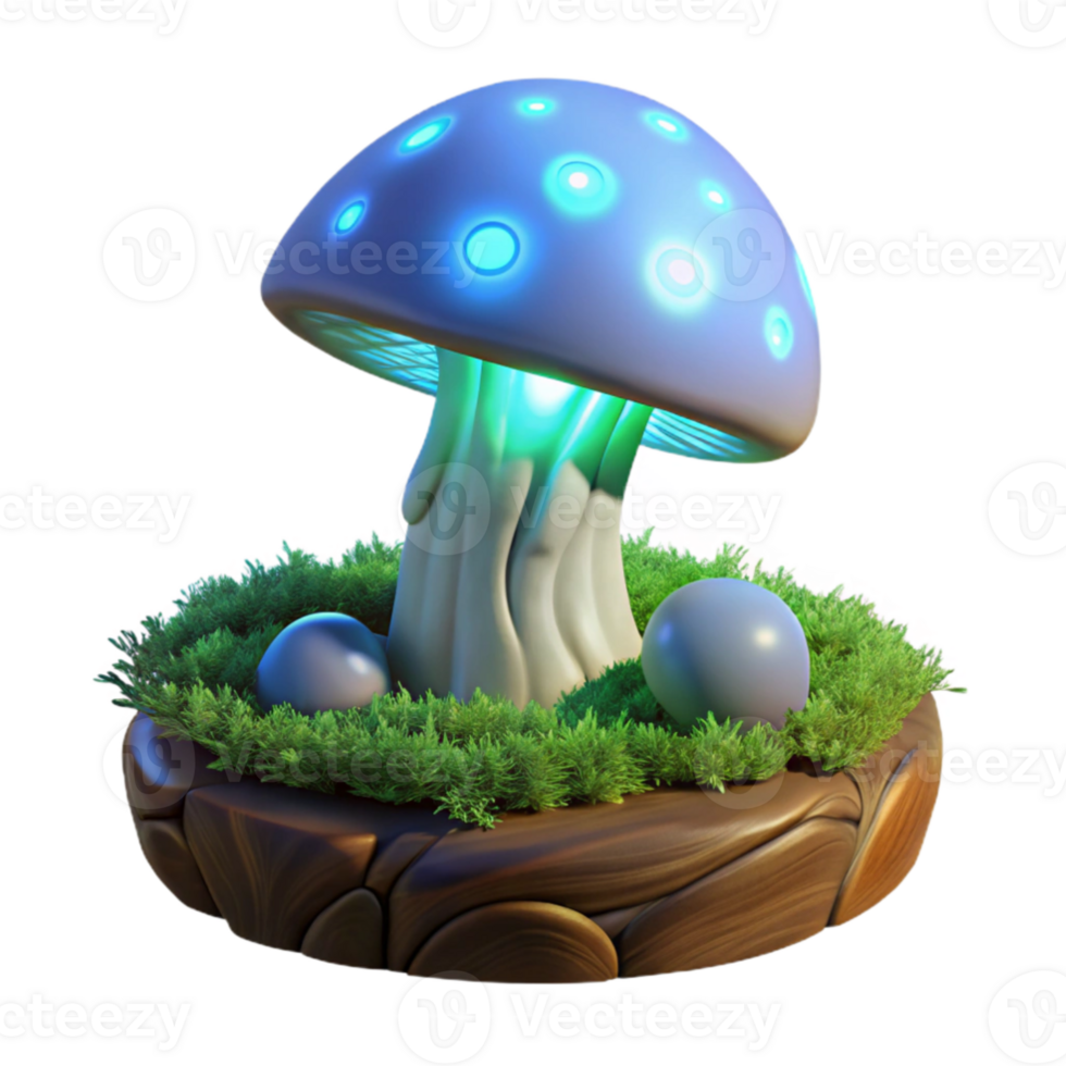 elegant artistic A glowing mushroom growing on a moss covered log in a dark forest, illuminated by bioluminescence, fantasy art style high resolution png