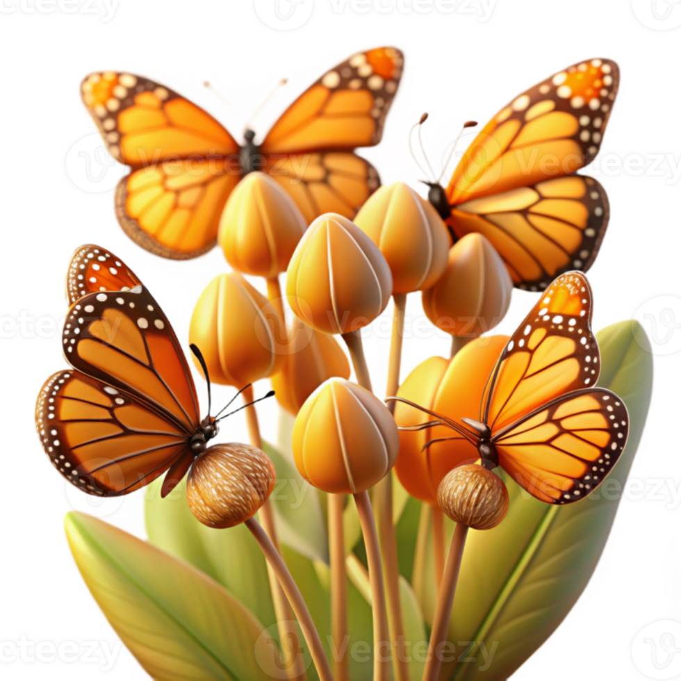 beautiful vintage A group of monarch butterflies clustered on a milkweed plant, bathed in warm, golden sunlight, in a soft focus, impressionistic style premium png