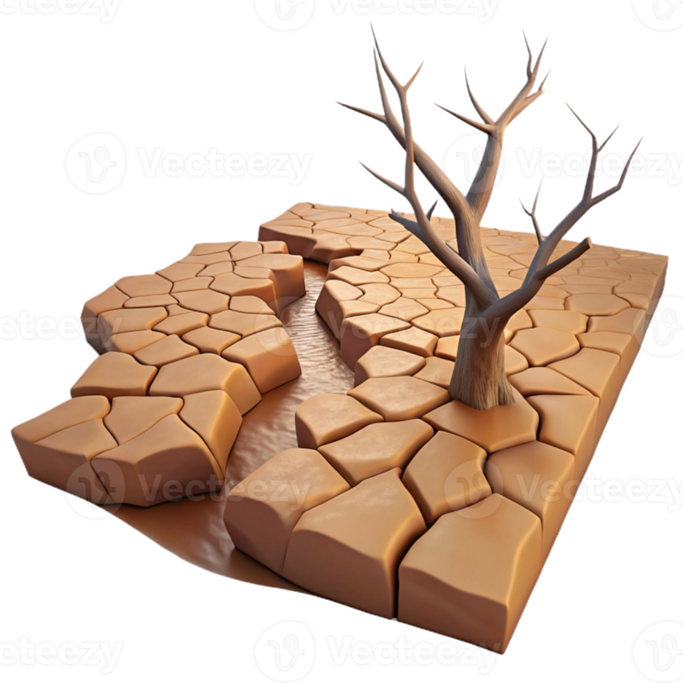 beautiful minimalist A dried up riverbed cracking under the intense heat, with a single, withered tree in the distance, in a gritty, realistic style 4K png
