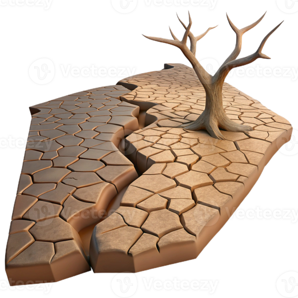 magnificent creative A dried up riverbed cracking under the intense heat, with a single, withered tree in the distance, in a gritty, realistic style professional png