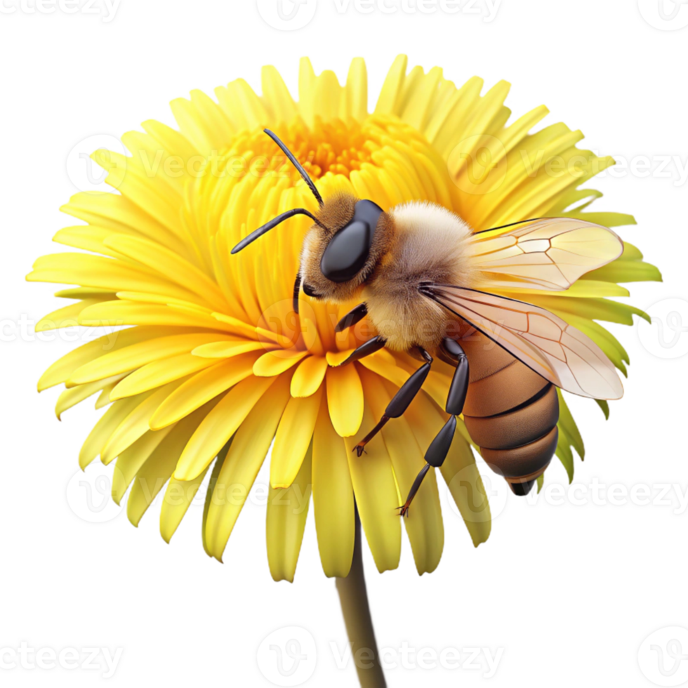 dramatic vintage A close up of a bee collecting pollen from a bright yellow dandelion, with a shallow depth of field, macro photography style original png