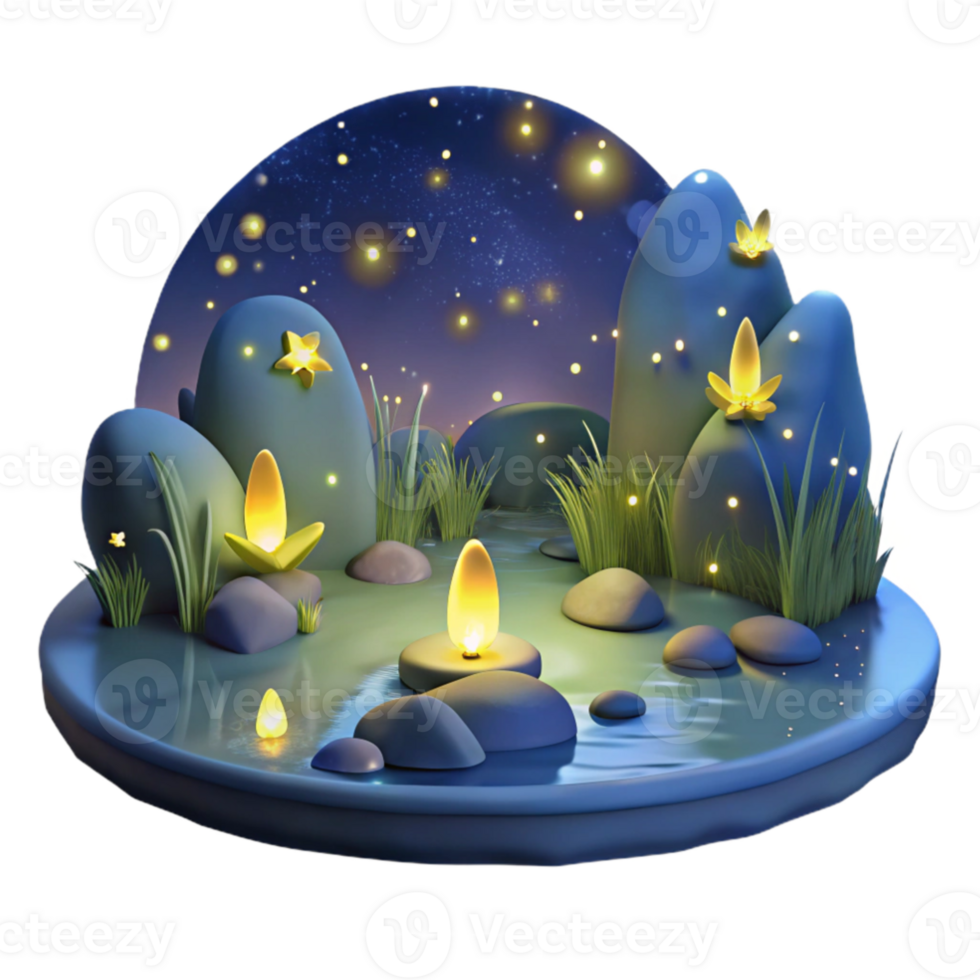 dramatic modern A group of fireflies dancing in the night sky above a tranquil lake, reflecting the starry sky, in a magical, dreamlike style high quality png