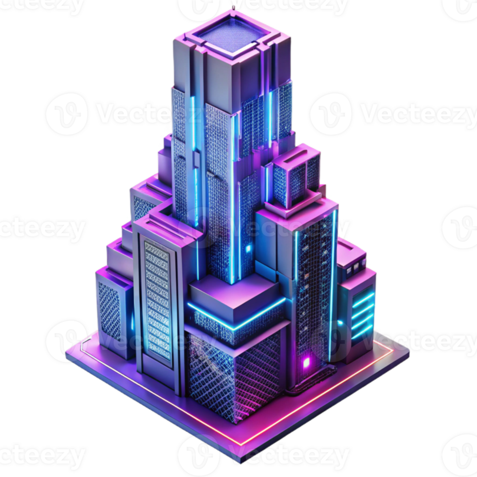extraordinary contemporary A towering Art Deco skyscraper made entirely of interconnected circuit boards, pulsing with neon pink and electric blue light, cyberpunk style exclusive png