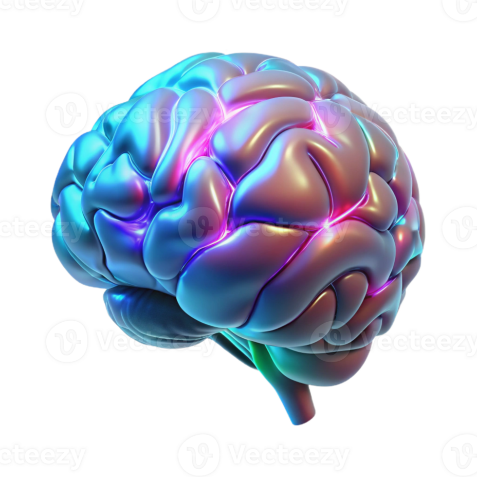 vibrant modern A hyperrealistic holographic projection of a human brain rotating slowly, intricate neural pathways glowing in different colors, lit by a cool, clinical light high quality png