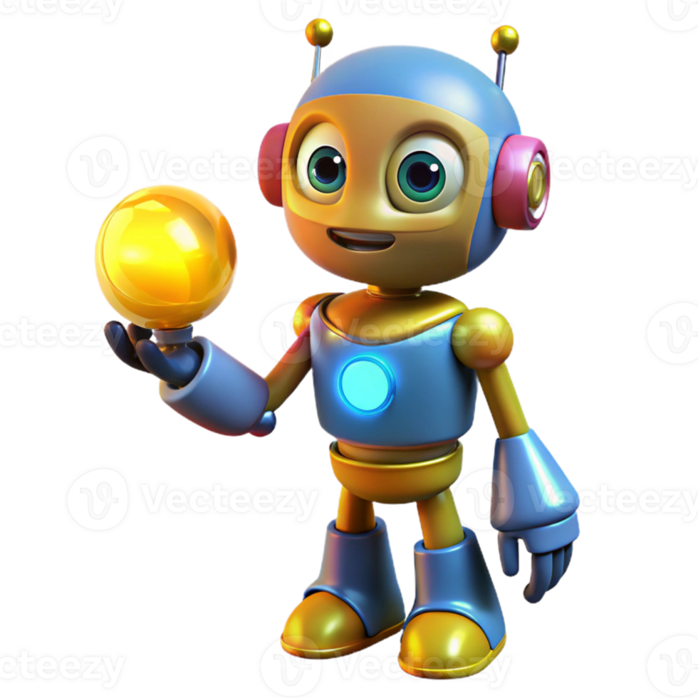 vibrant modern A whimsical, cartoonish robot holding a glowing orb, bright, primary colors, digital art style original png
