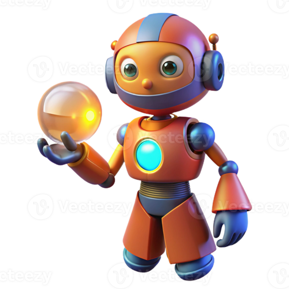 magnificent creative A whimsical, cartoonish robot holding a glowing orb, bright, primary colors, digital art style 4K png