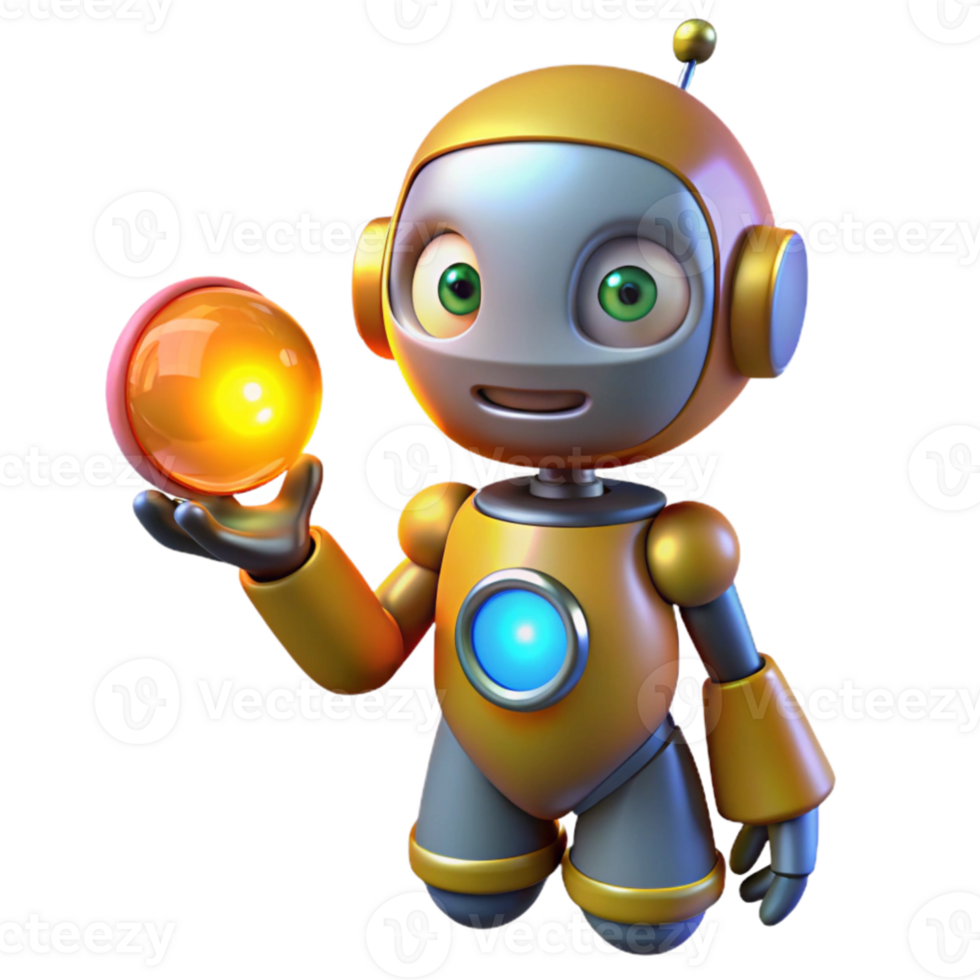 beautiful vintage A whimsical, cartoonish robot holding a glowing orb, bright, primary colors, digital art style high quality png