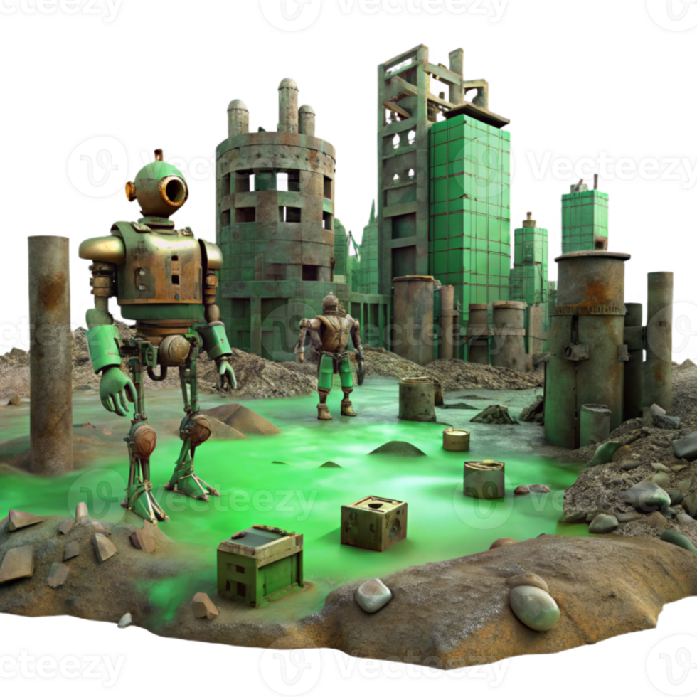 serene rustic A desolate, post apocalyptic landscape with rusted robots scattered amongst crumbling buildings, rendered in a gritty, realistic style, dimly lit by a toxic green sky high quality png