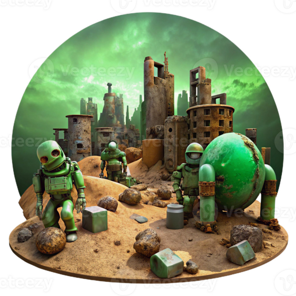 wonderful contemporary A desolate, post apocalyptic landscape with rusted robots scattered amongst crumbling buildings, rendered in a gritty, realistic style, dimly lit by a toxic green sky genuine png