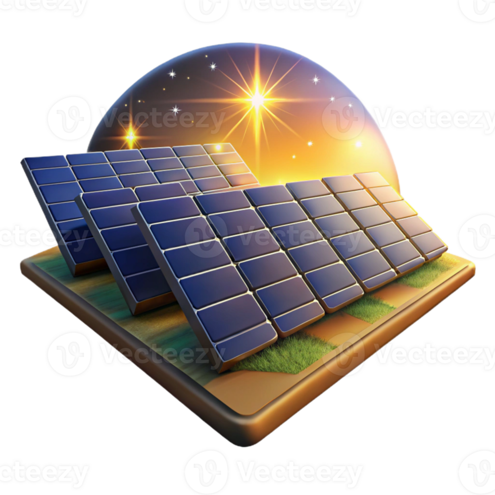 beautiful rustic A field of solar panels stretching towards the horizon under a vibrant, starry sky, rendered in a painterly style, warm, golden hour lighting premium png